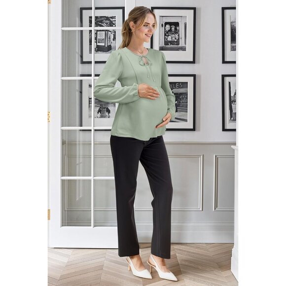 Womens Maternity Nursing Top Puff Sleeve Tie Front Crew Neck Casual Blouse - Picture 4 of 7